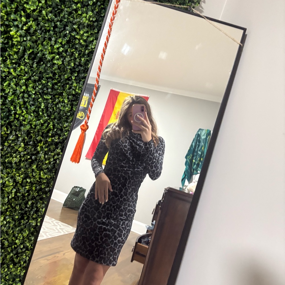 Michael Kors Elegant Black and Gray Leopard Print Dress